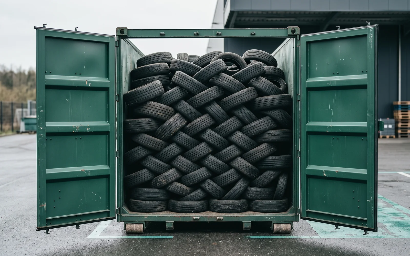 Tyre disposal: old tyres stacked in a container for disposal