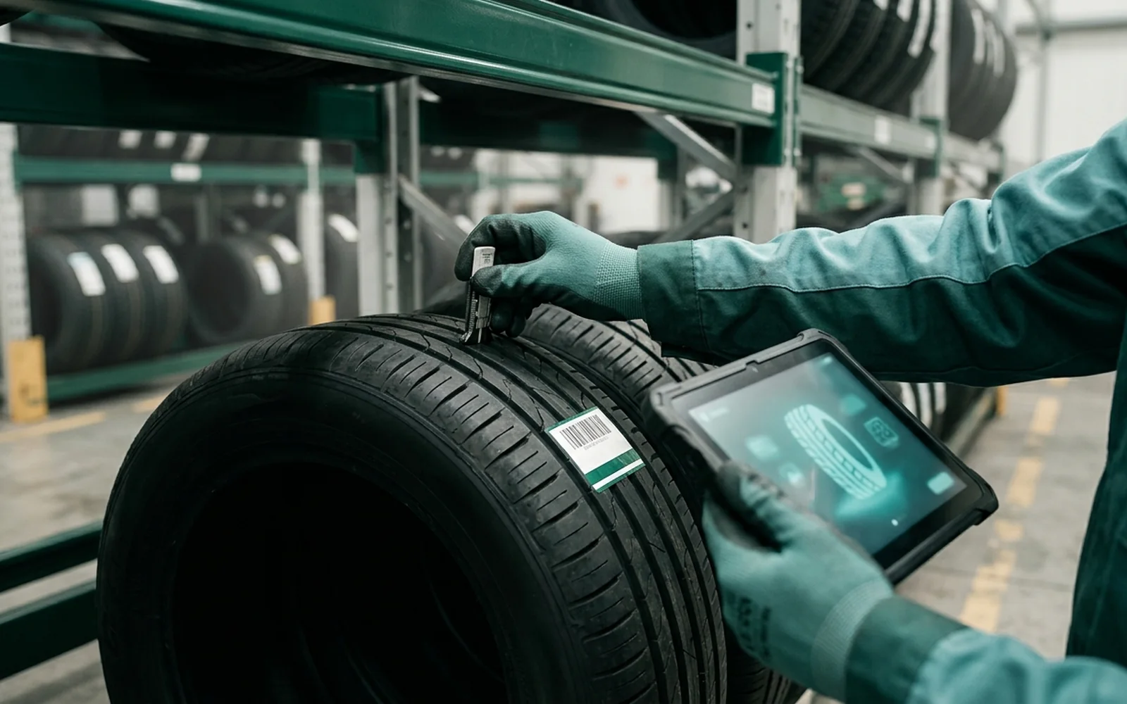 Tread depth check: technician measuring a stored tyre, tablet in hand