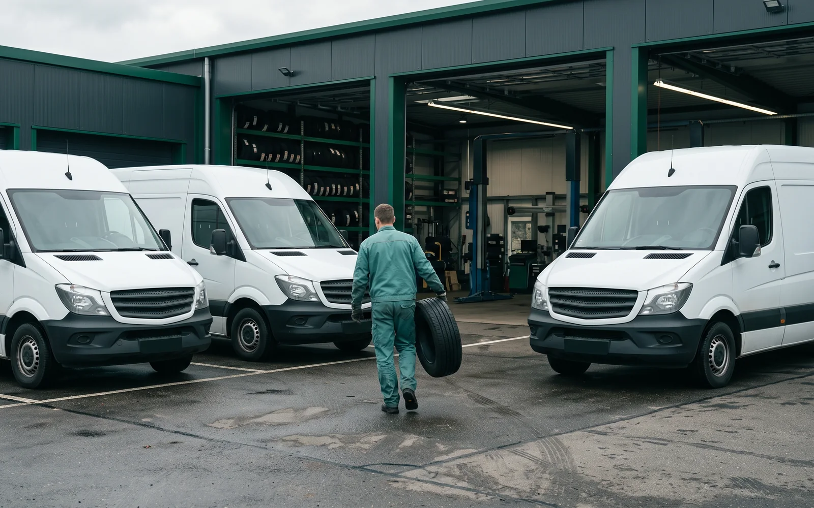 Flottenservice: Transporter vor der Werkstatt, Monteur mit Reifen