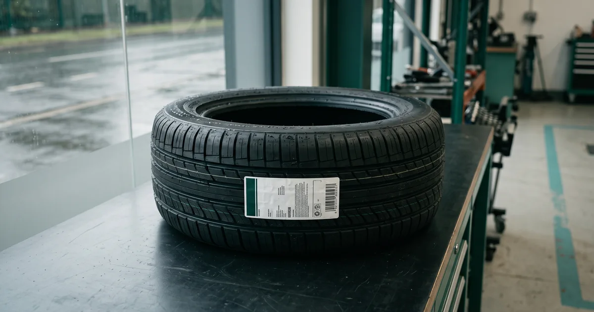 EU tyre label: new tyre with a product label on the workbench