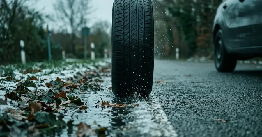 All-season tyres: tyre on a wet road with leaves and patches of snow