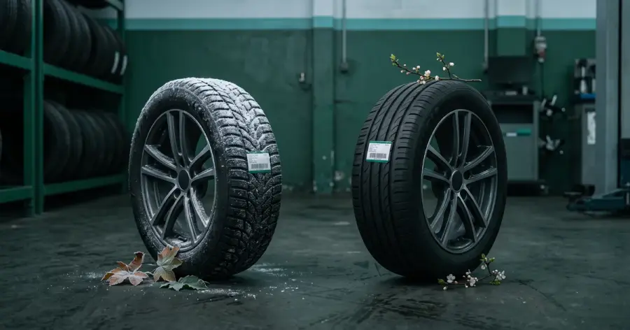 When to change tyres: frosted winter tyre and summer tyre with a blossom twig