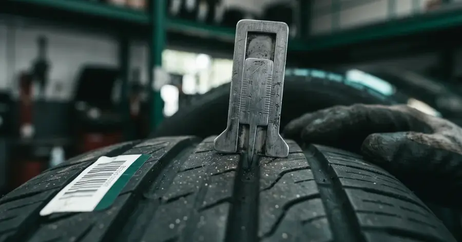 Tread depth: gauge measuring the tyre tread