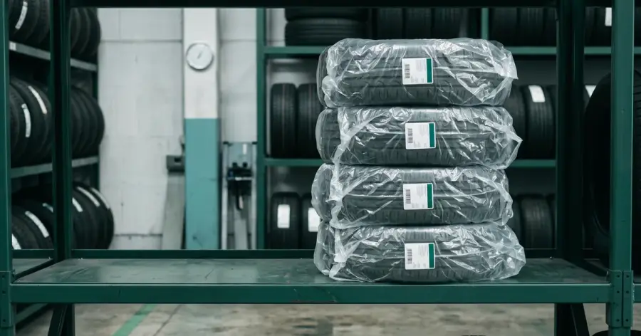How to store tyres: four tyres in labelled bags stacked flat on a shelf