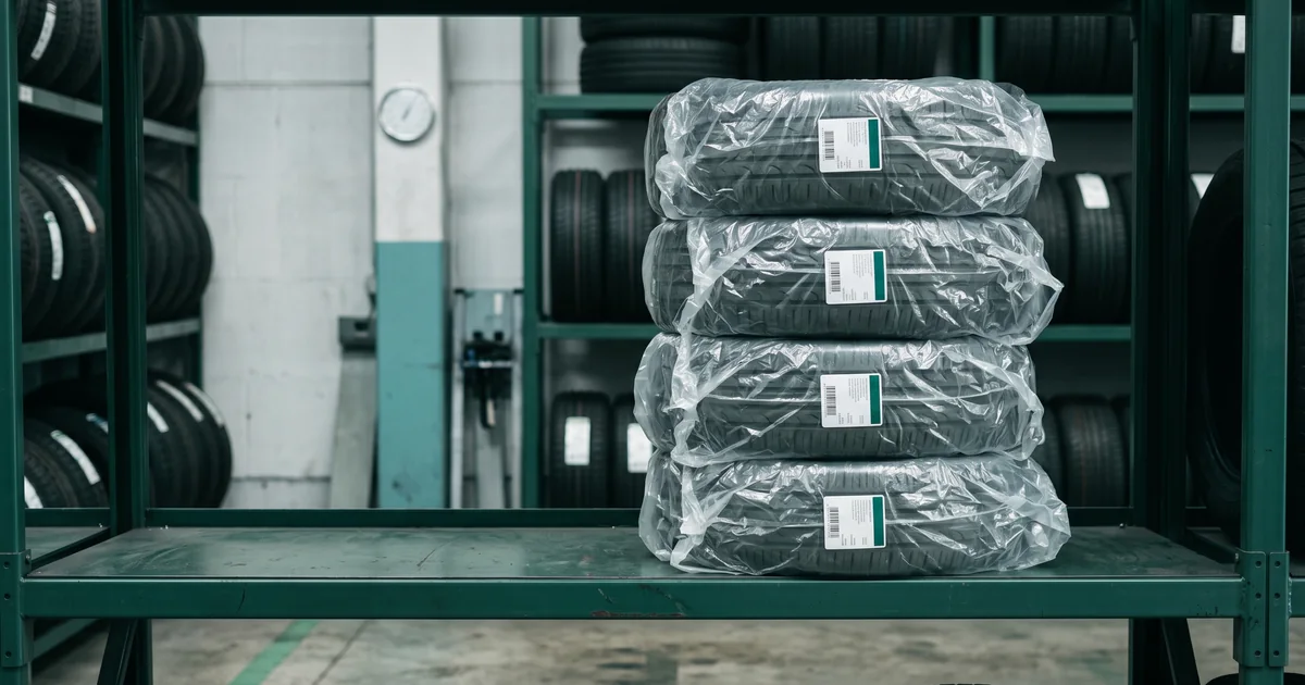 How to store tyres: four tyres in labelled bags stacked flat on a shelf