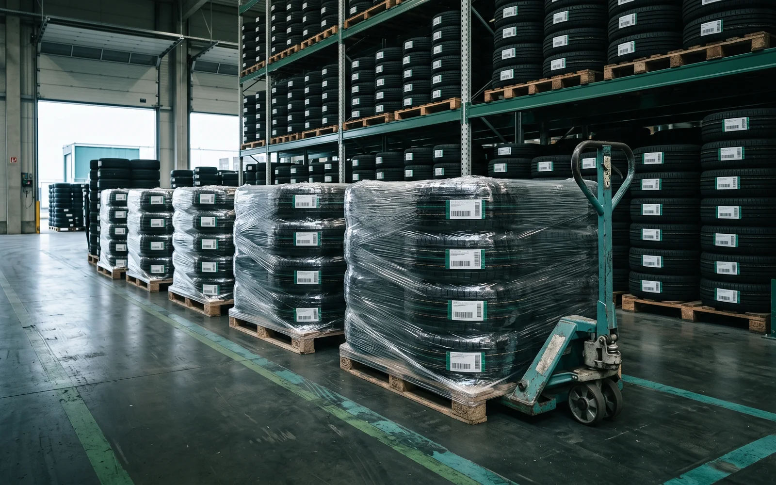 Reifen-Logistik: palettierte Reifen mit Versandetiketten