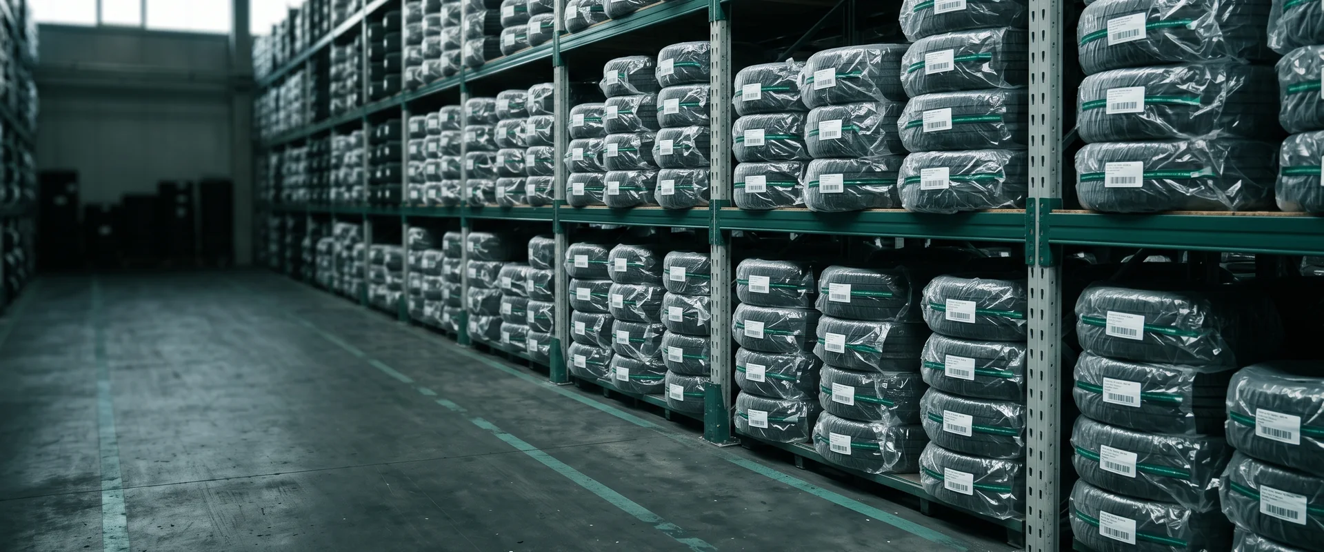 Tyre storage in our tyre hotel: stored wheel sets in labelled tyre bags