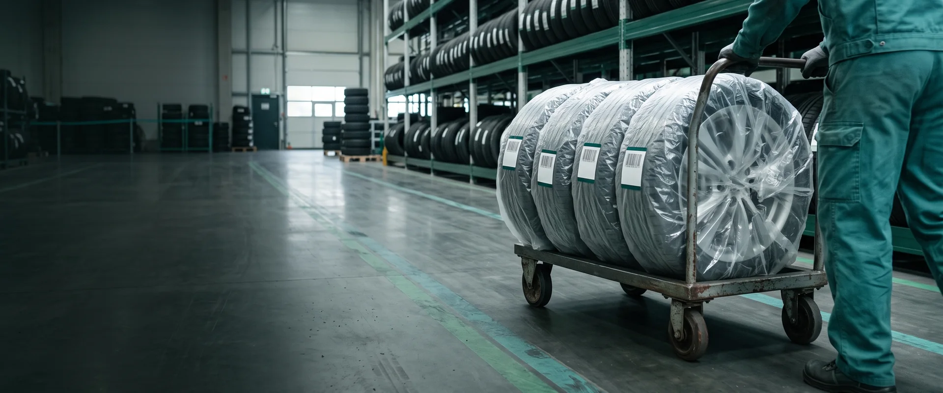 Tyre hotel: wheel set in labelled tyre bags being taken into storage