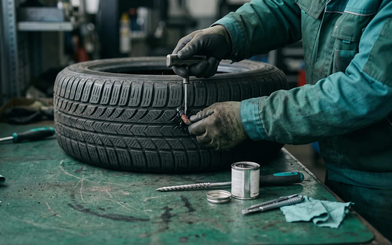 Tyre repair: technician repairing a puncture in the tread