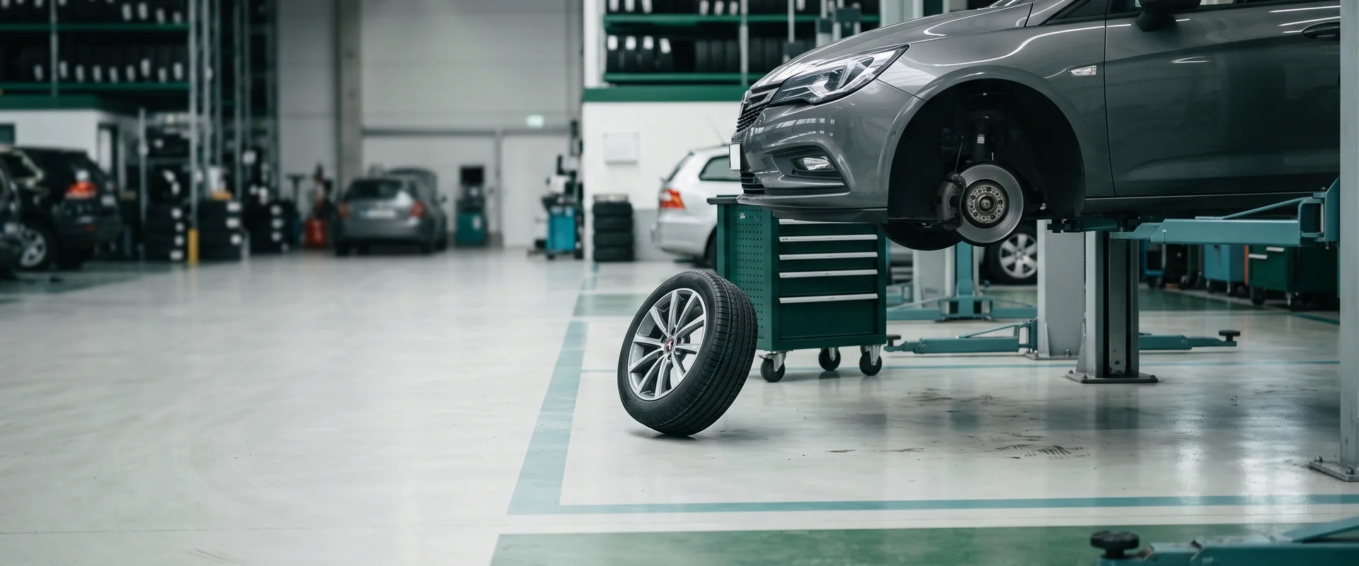 Tyre service in Mönchengladbach: car on a lift with a complete wheel beside it