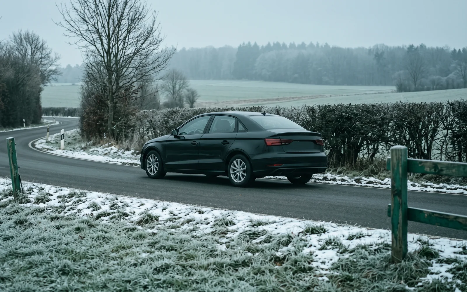 Winter tyres: car on a frosty country road